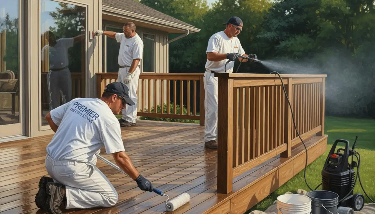 San Jose Paint Pros sealing a wood deck in San Jose, CA for weather protection