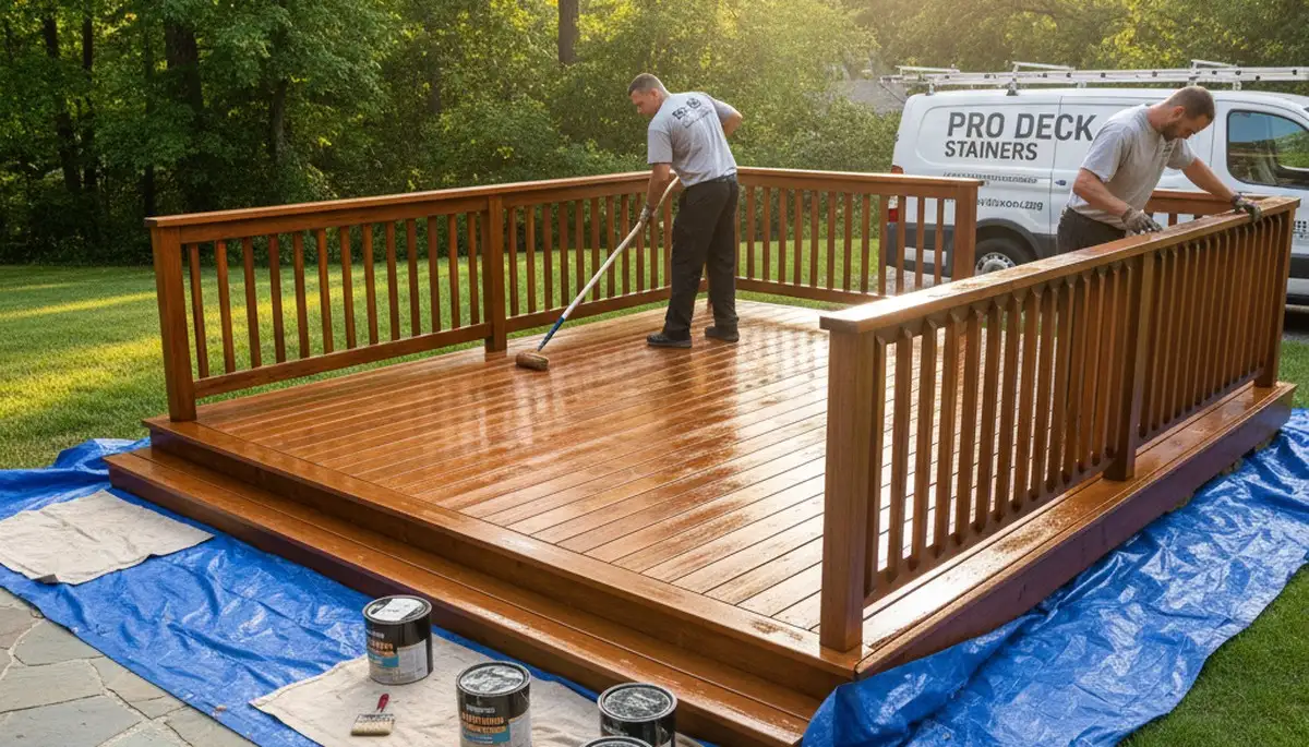 San Jose Paint Pros staining a wood deck in San Jose, CA to protect and enhance outdoor wood