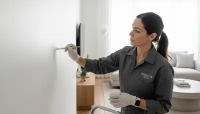 San Jose, CA paint touch-up technician repairing chips and surface flaws on a wall