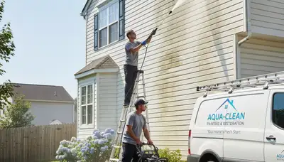 San Jose, CA painting crew pressure washing vinyl siding on a home exterior