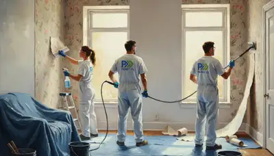 San Jose Paint Pros removing old wallpaper in a San Jose, CA home interior